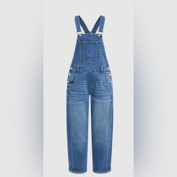 Flamingals Wash Button Side Mid Waist Barrel Leg Overalls NWT - Picture 4 of 9